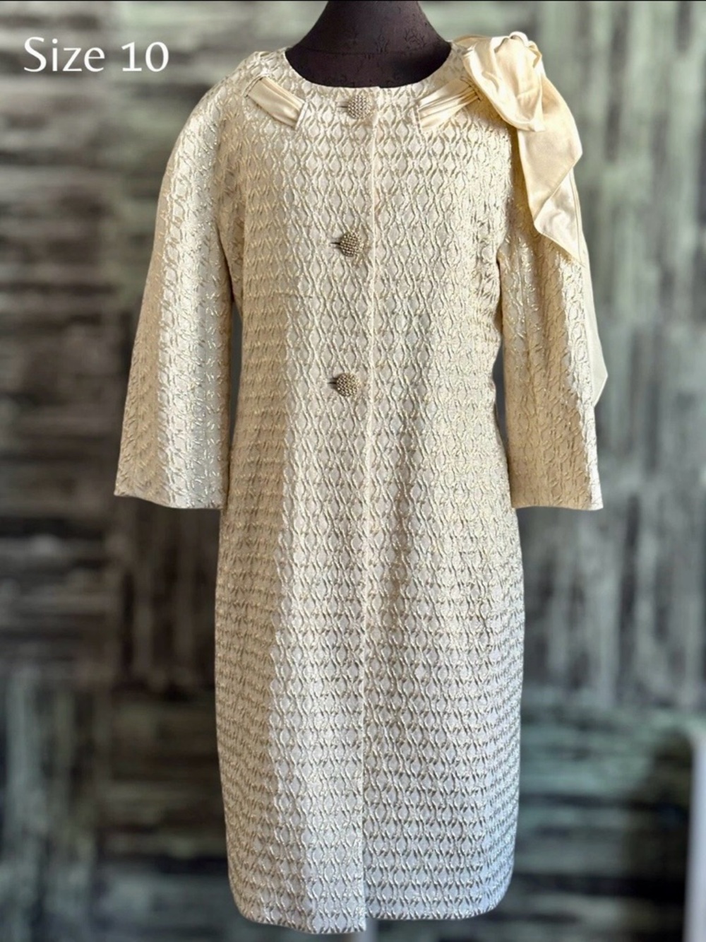 Vintage ST JOHN Ivory/Gold Textured Shift Coat Dress with Bow Accent